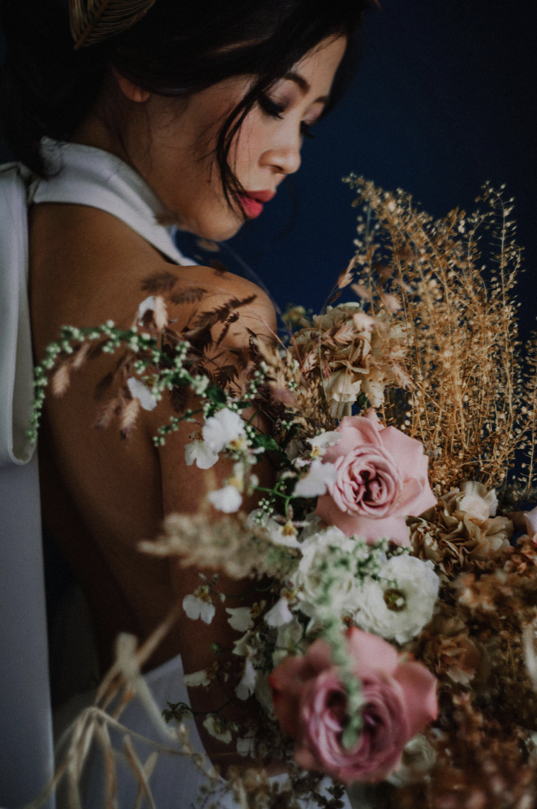 Ophelia — looking down over the dried-flower bouquet